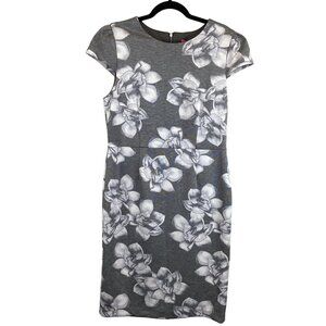 Betsey Johnson Floral Print Sheath Dress Size 12‎ Gray & White Knit Stretch